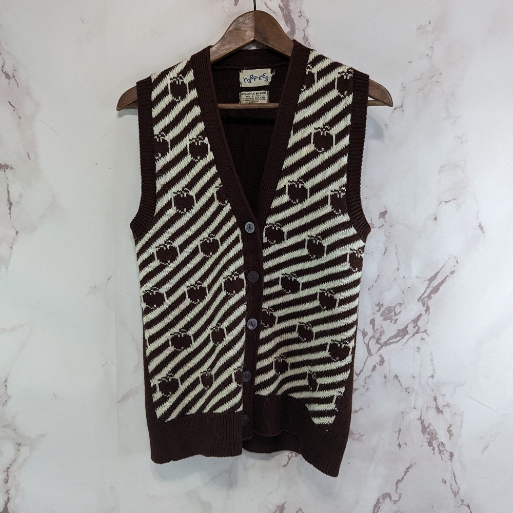 Vintage Vest Womens Medium Brown Apple 60s 70s Sweater Button Stripped Harpees